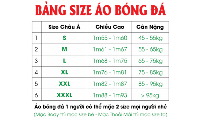 Bảng size áo bóng đá giành cho nam chuẩn nhất