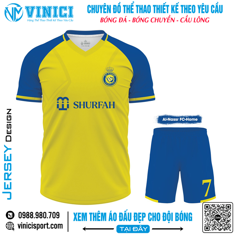 Đồng phục bóng đá Al Nassr sân nhà màu vàng tươi phối xanh dương