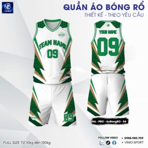 Đồng phục bóng rổ HA-PRO 54 - Trắng phối xanh lá & họa tiết vàng đồng