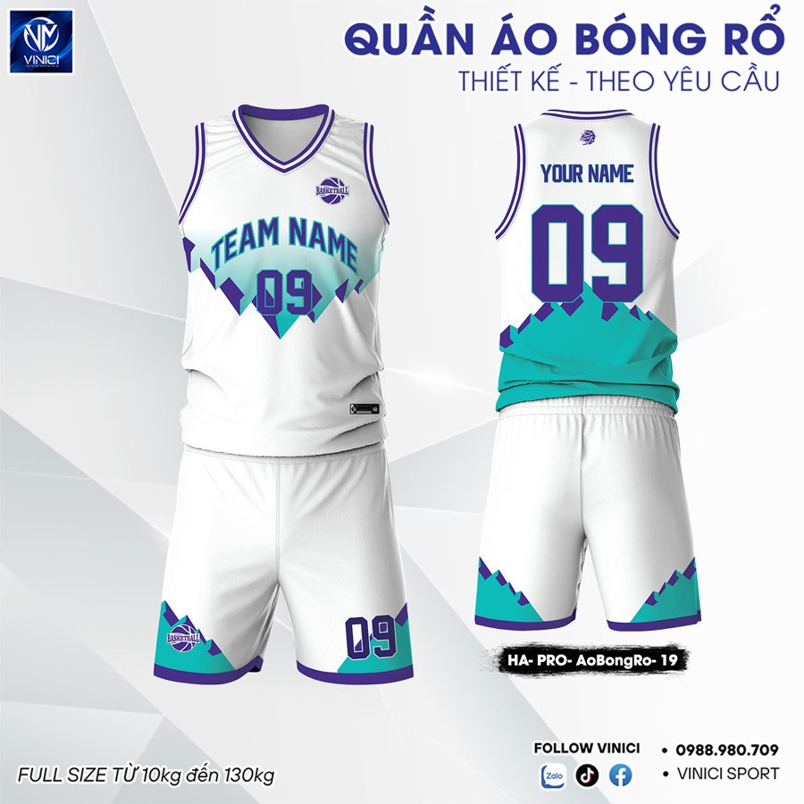 Bộ quần áo bóng rổ thiết kế theo yêu cầu phối trắng, xanh ngọc, tím neon