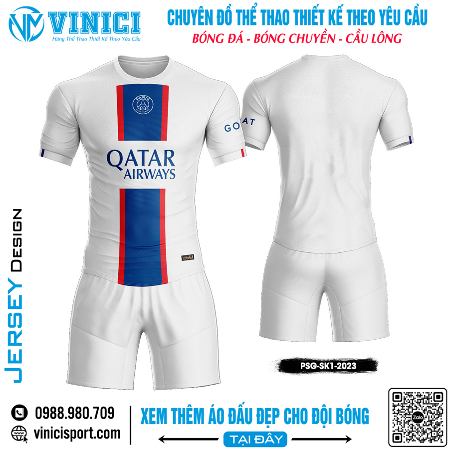 Áo đấu PSG trắng sọc navy đỏ mã PSG-SK1-2023