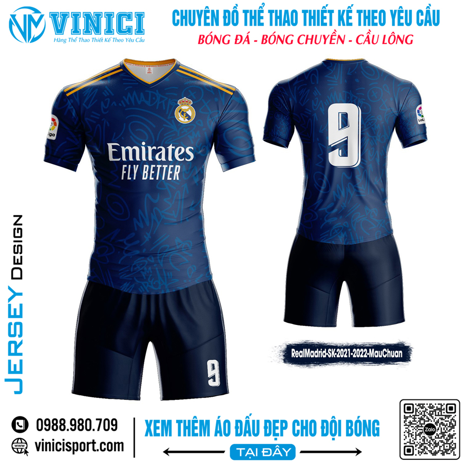 Áo Real Madrid 2021-2022 xanh navy họa tiết graffiti viền vàng kim