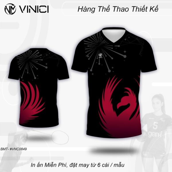 Áo Cầu Lông Thiết Kế VNC0849-13 Màu Đen Phối Đỏ Đô – Slim-Fit Cá Tính