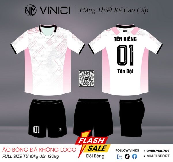 Áo bóng đá không logo VINICI BD08001 - Trắng phối hồng pastel
