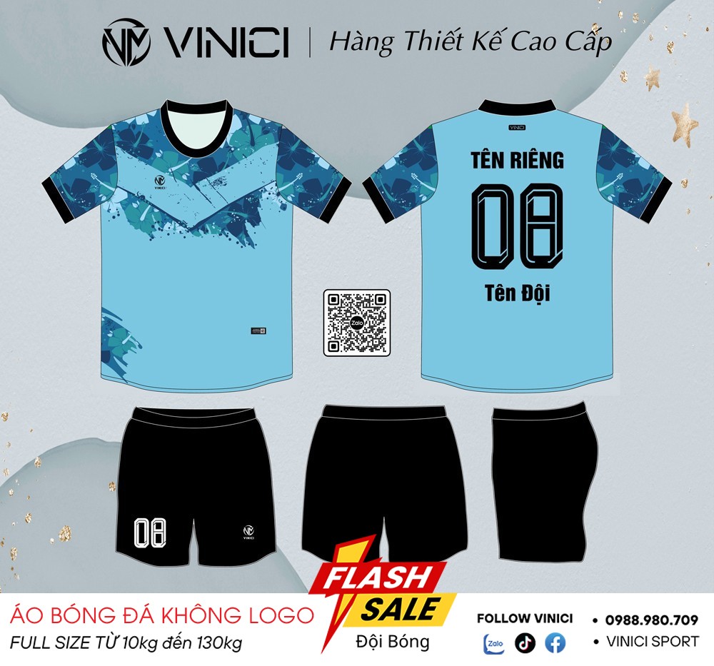 Áo bóng đá không logo VINICI BD08003 màu xanh dương - thiết kế trẻ trung, năng động