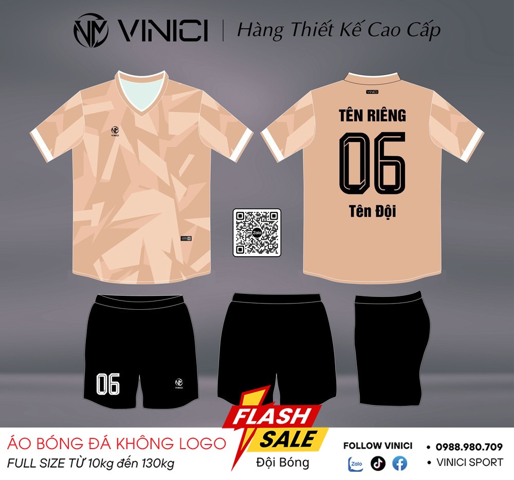 Áo bóng đá không logo VINICI thiết kế BD08004 màu be phối trắng đen
