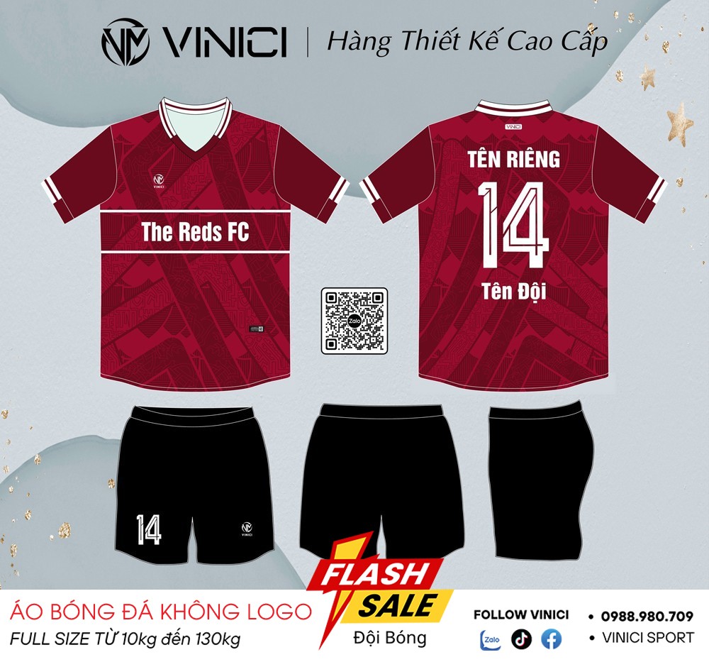 Áo bóng đá thiết kế BD08010 màu đỏ đô thương hiệu VINICI
