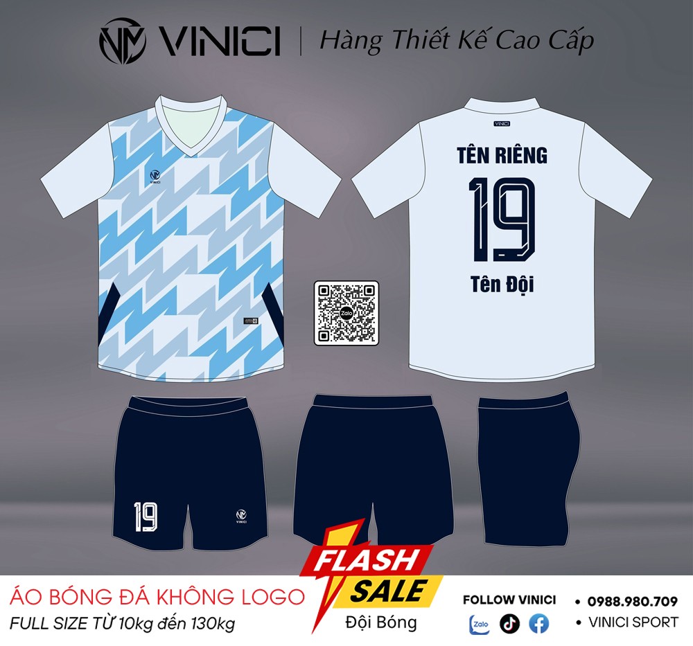 Áo bóng đá thiết kế BD08014 trắng xanh VINICI phối họa tiết Zigzag hiện đại