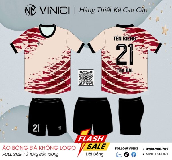 Áo Bóng Đá Không Logo VINICI - Kem Nhạt Phối Đỏ Đô BD08016