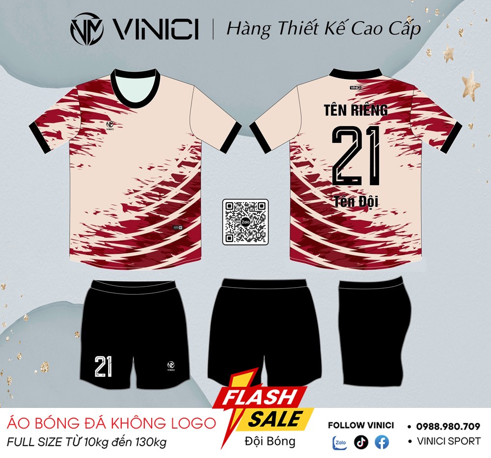 Áo bóng đá không logo VINICI BD08016 - kem nhạt phối đỏ đô, co giãn thoáng khí, cá nhân hóa dễ dàng