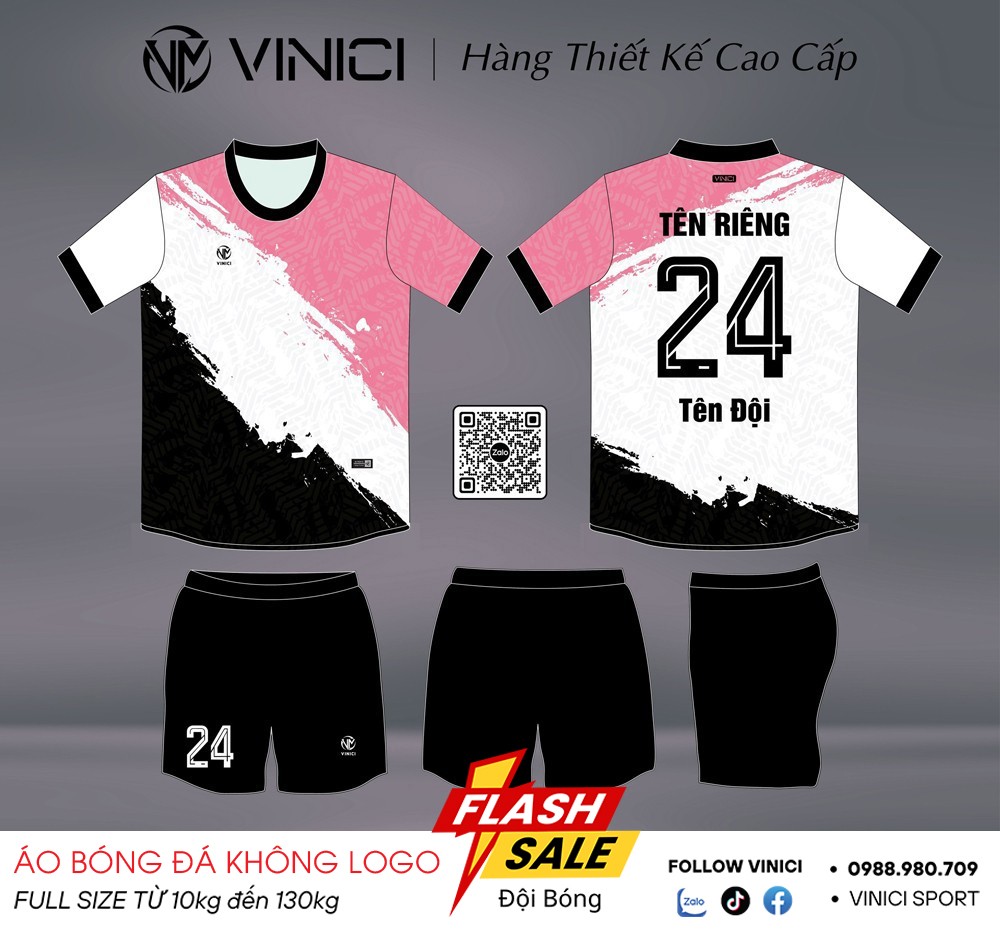 Áo đá banh không logo BD08018 hồng pastel trắng đen – Vinici Sport