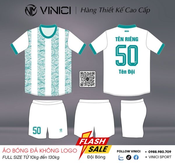Áo bóng đá không logo Trắng Xanh Ngọc BD08019 thiết kế nghệ thuật, trẻ trung