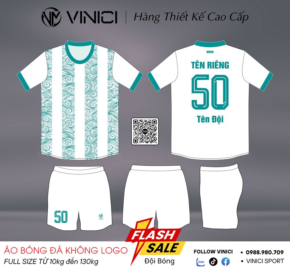 Áo bóng đá không logo VINICI màu trắng xanh ngọc BD08019 thiết kế nghệ thuật, trẻ trung