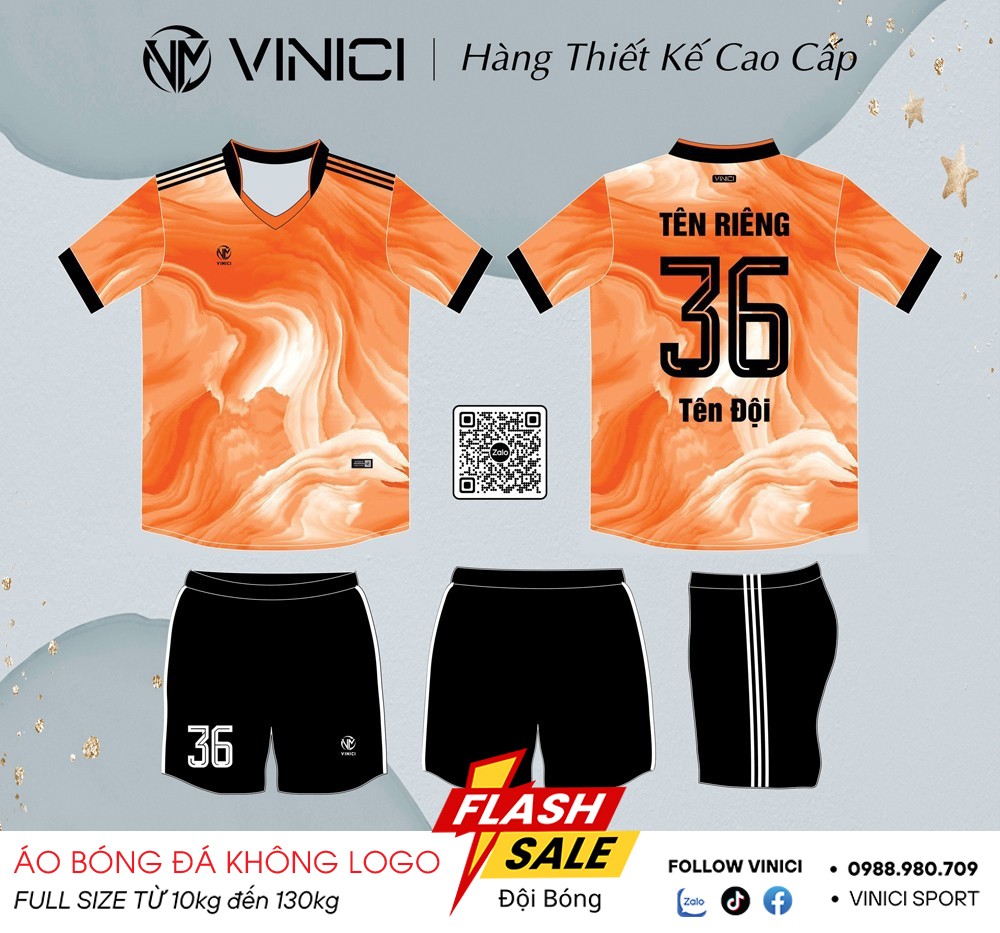 Áo bóng đá thiết kế BD08028 màu cam loang vân đá Vinici