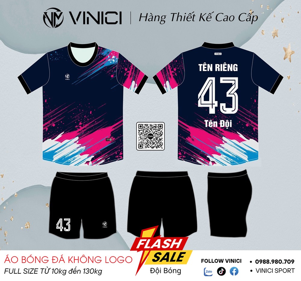 Áo bóng đá không logo VINICI xanh navy thiết kế BD08036