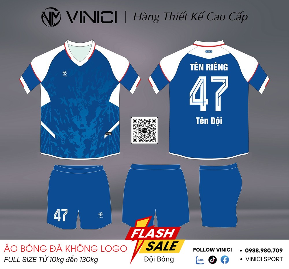 Áo bóng đá không logo VINICI màu xanh dương đậm BD08038 thiết kế thể thao chuyên nghiệp
