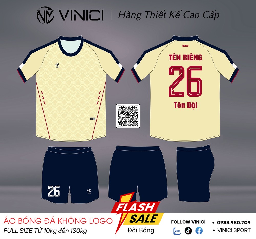 Áo đá banh thiết kế BD08022 màu vàng kem phối xanh navy và hoạ tiết đỏ