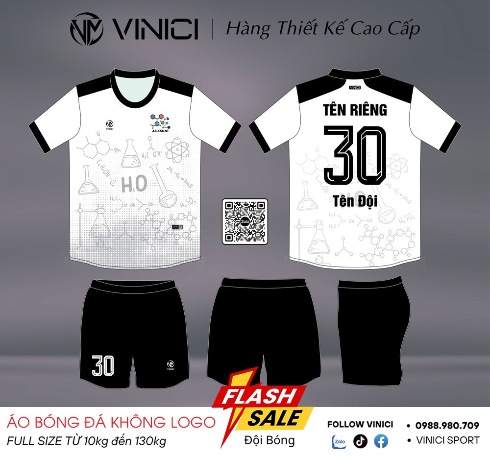 Áo bóng đá VINICI không logo BD08023 màu trắng phối đen, thấm hút mồ hôi tốt, thiết kế hiện đại
