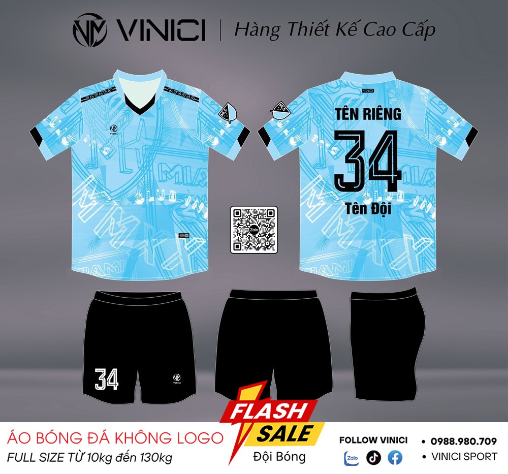 Áo bóng đá thiết kế BD08026 màu xanh dương pastel không logo trẻ trung