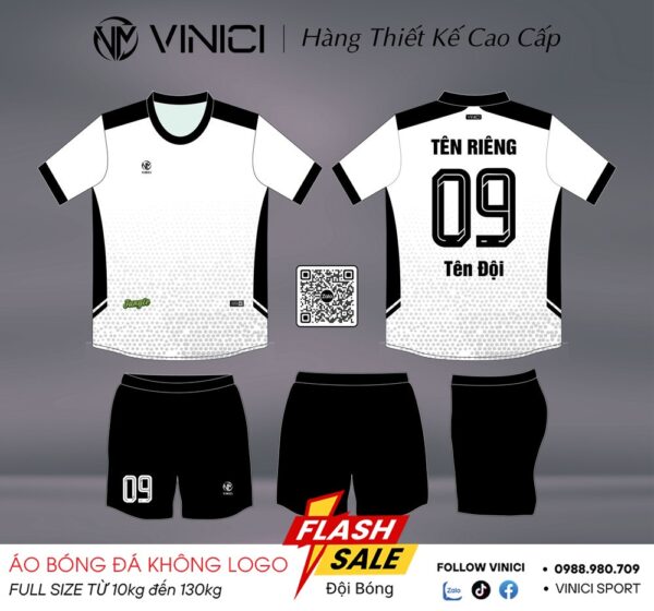 Áo bóng đá không logo VINICI trắng đen BD08032 - Thoáng mát, nam tính, đa dụng