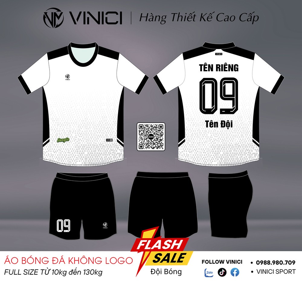Áo bóng đá không logo VINICI BD08032 trắng đen - Thiết kế thể thao nam tính và thoải mái