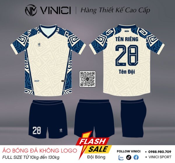 Áo bóng đá thiết kế VINICI BD08033 – Trắng ngà phối navy cao cấp