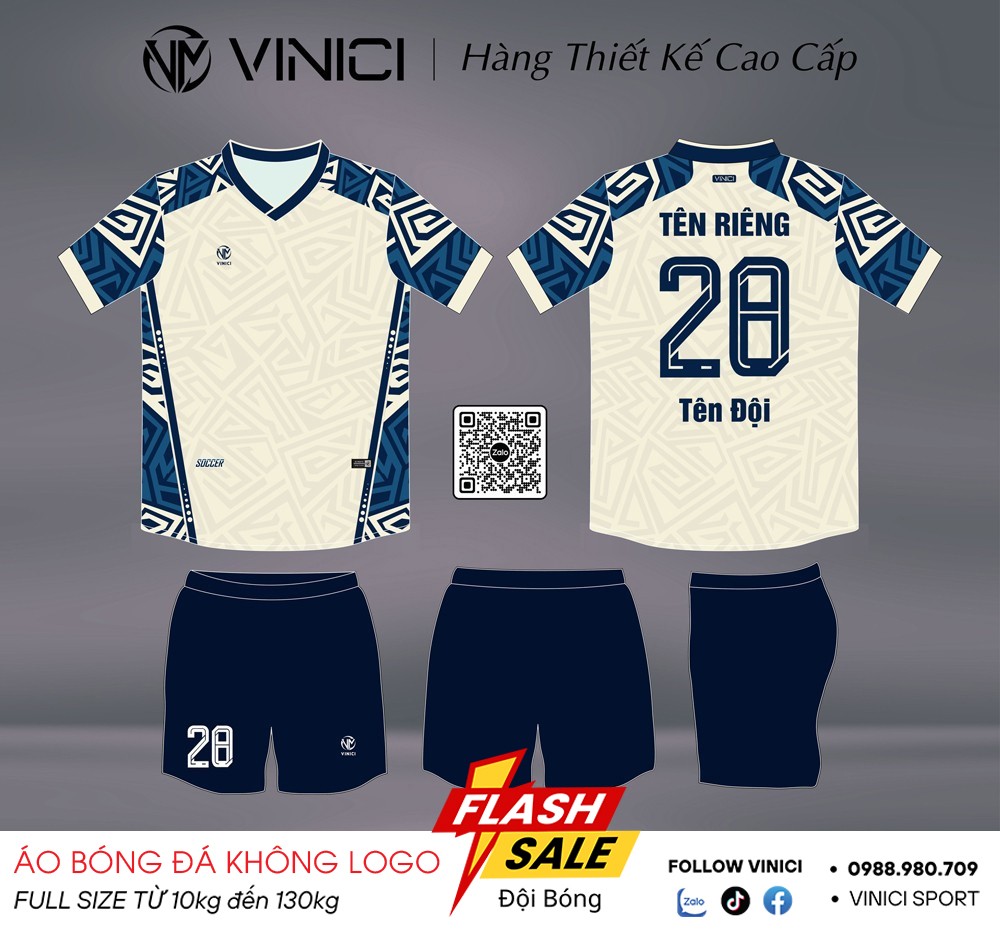 Áo bóng đá VINICI thiết kế cao cấp màu trắng ngà phối navy – mã BD08033