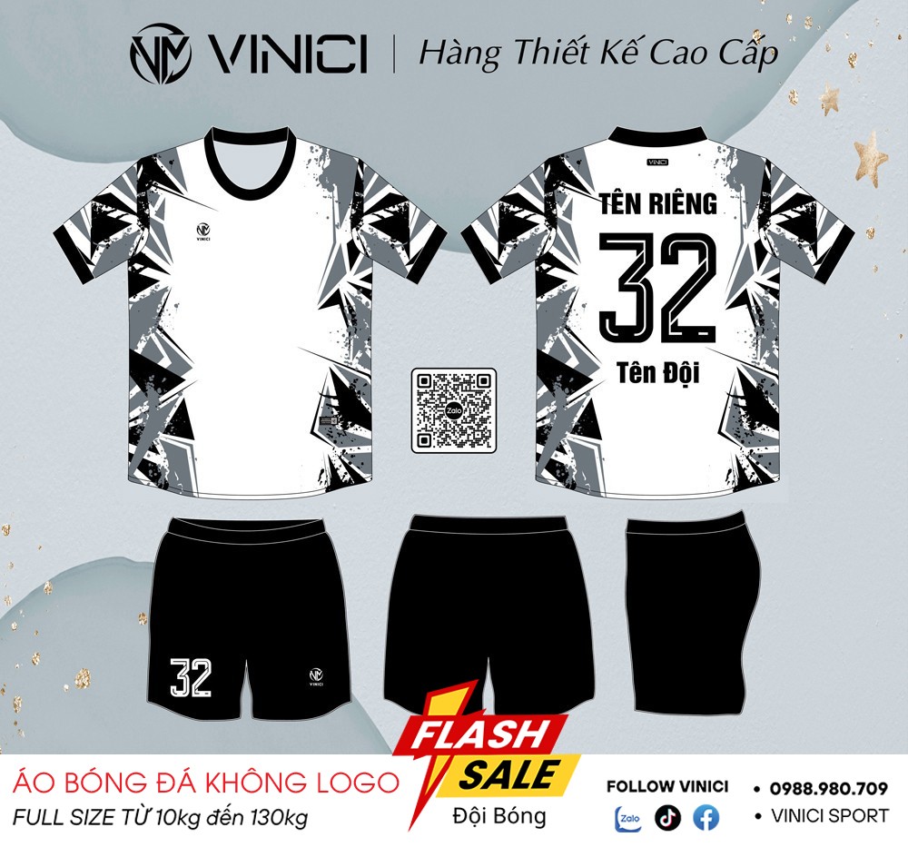 Áo bóng đá không logo VINICI trắng đen xám BD08035 chất liệu thoáng khí